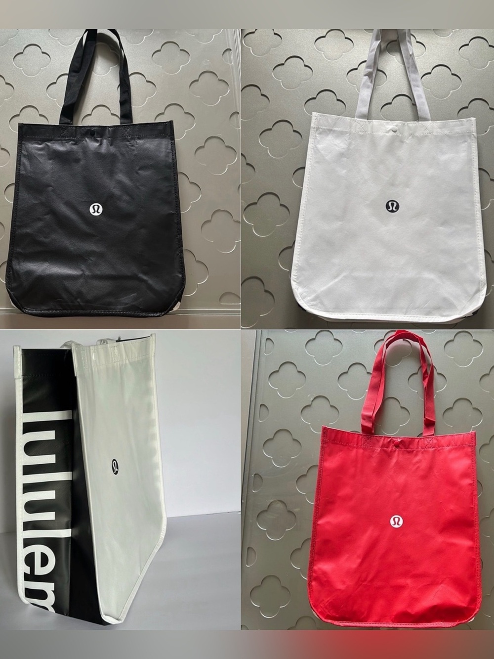 🆕 LULULEMON Three Reusable Totes Carryall Handbag Shopping Bags Black Red White - Picture 1 of 16